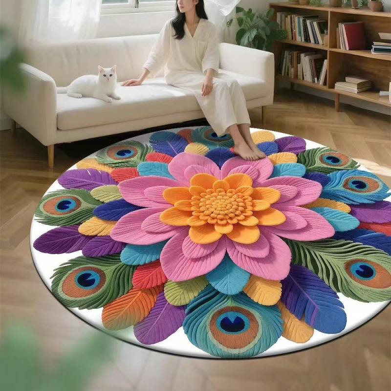3D效果孔雀花卉圆形水晶绒印花地毯家用装饰客厅防滑易打理沙发毯|undefined