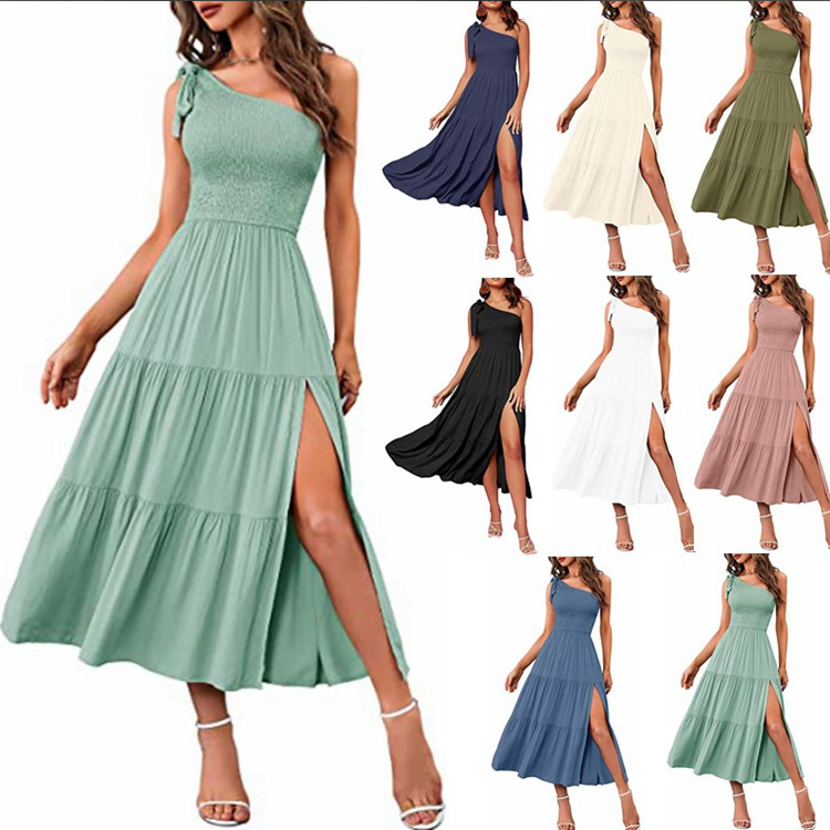 2025 cross-border Amazon independent station summer explosions oblique shoulder pleated layered hem split sleeveless dress women