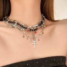 2024新款 朋克十字架吊坠珠串叠戴哥特风项链暗黑辣妹三条锁骨链