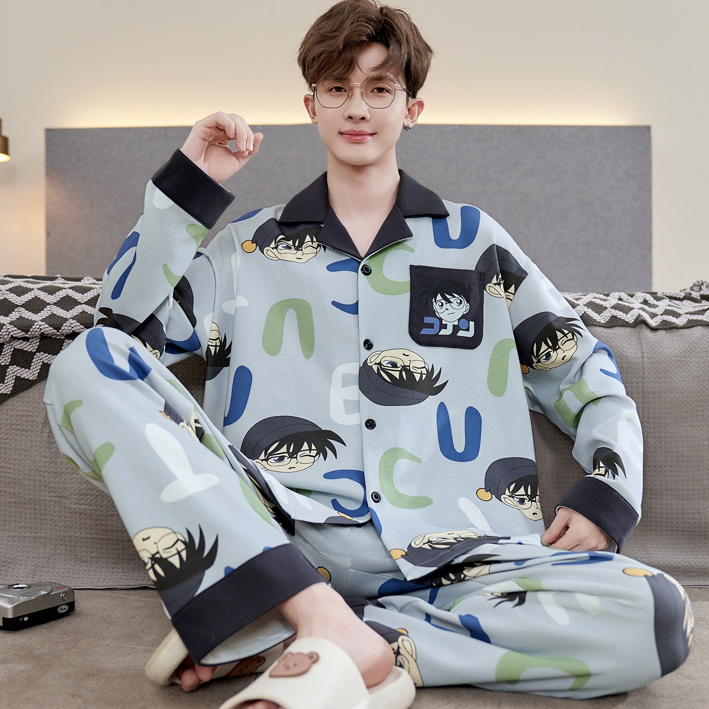 Cartoon Teen Pajamas Men's Pure Cotton Long Sleeve Spring and Autumn Lapel Cardigan Anime Big Boy Plus Size Home Clothes