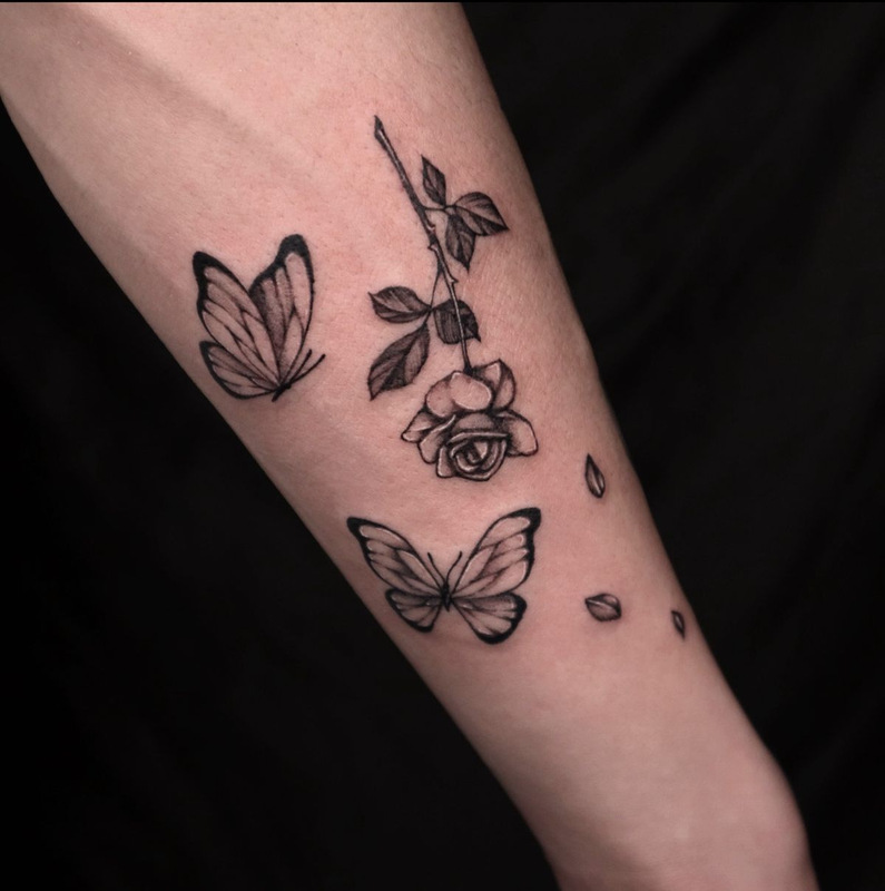 Rose and Butterfly Tattoo Stickers, Falling Petals and Flower Branches, Artistic Girls' Forearm Long-Lasting Waterproof Simulated Tattoo Stickers