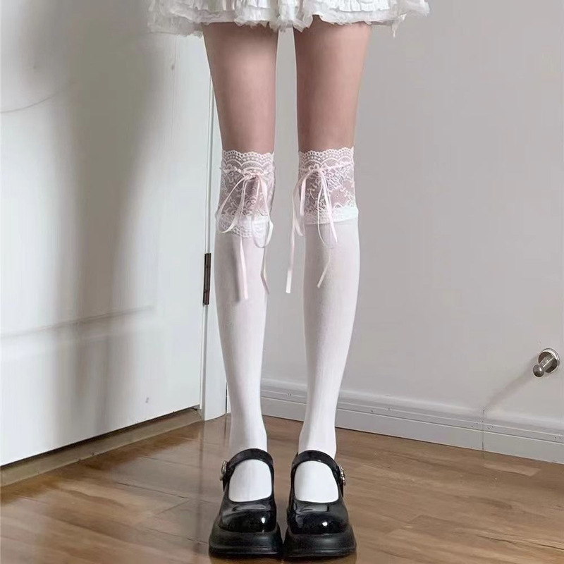 バレエ風少女春夏リボン蝶結び中筒靴下レースミルク白甜妹スタッキングソックス|undefined