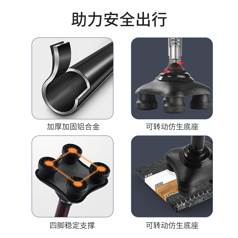 Canguro Doctor Muletas Anciano Antideslizante Ligero Médico de cuatro esquinas Bastón telescópico Anciano Muletas