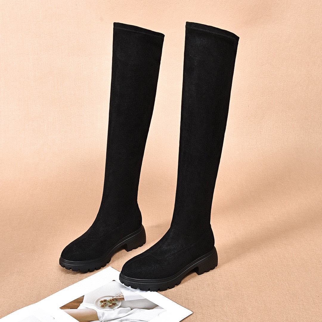 Nei einfach Temperament schwaarz Oberschenkel-héich Stiwwelen Komfortabel Stretch Stiefel schlank Stiefel_voghion.com