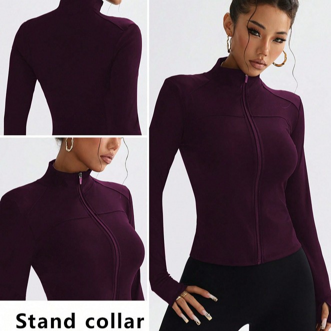 European and American Stand-Up Collar Sports Outwear Women's Tight Fitness Top Running Long-Sleeved Slim Short Zipper Yoga Wear Spring & Fall