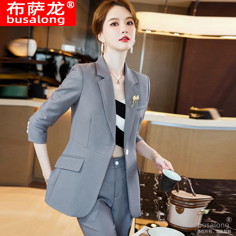 Busalon Women's Professional Suits with Bell-Bottoms Formal Suit Set for Group Employees, Long-Sleeved Work Uniform 89105