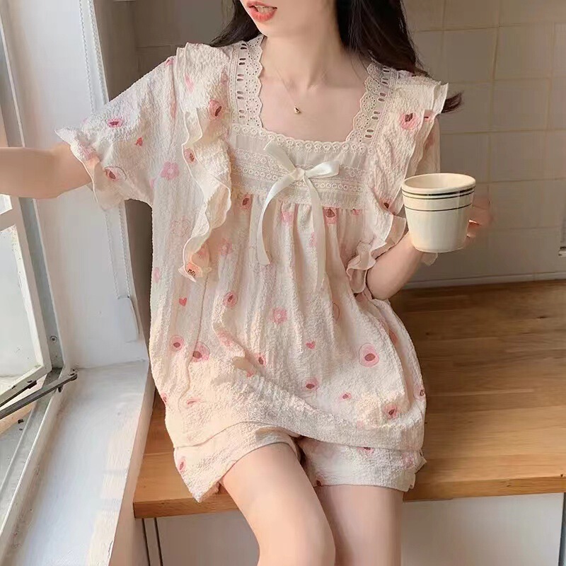 in stock Hair Princess Style Short-sleeved Pajamas Summer New Sweet Korean Style Short-sleeved Foam Cotton Wrinkle suit Internet Celebrant