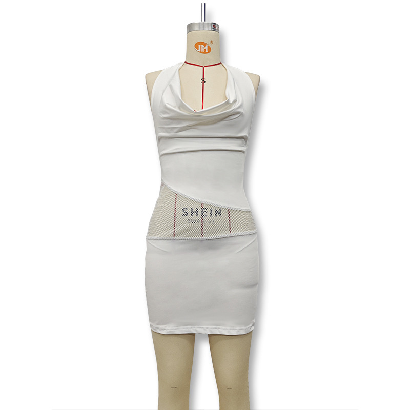 2025 primavera nuevos productos transfronterizos de mujeres europeas y americanas calientes estilo sexy correa de malla empalmada vestido de cuello image 3
