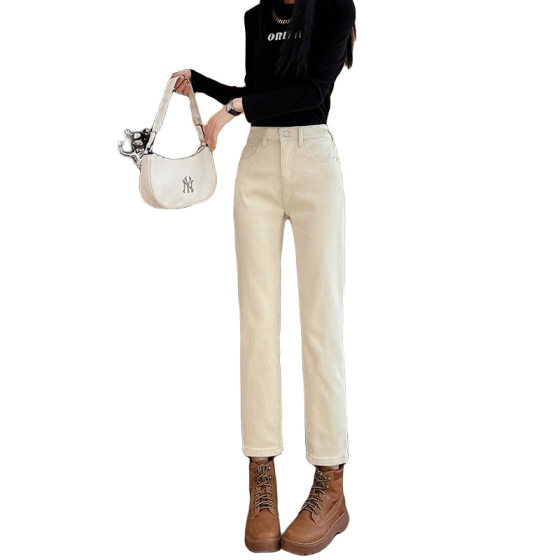 Creamy-white small pipe pants for women 2024 Spring and Autumn New High waist slimming stretch cropped straight Denim pants