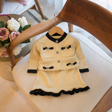 一件代发 2025韩版童装秋冬款蝴蝶结套装翻领开衫 N640