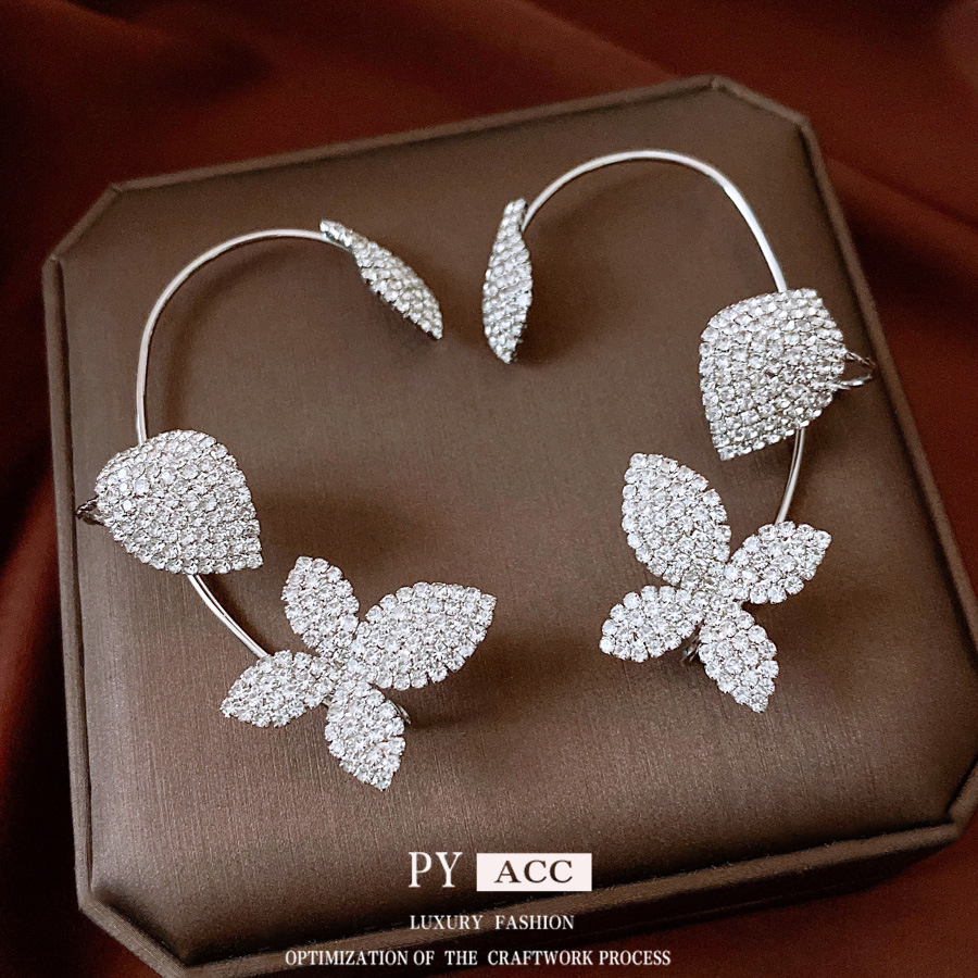 Cross-Border Ultra-Shiny Diamond-Studded Flower Ear Cuffs, Unique and Exquisite Versatile Minimalist Style Earrings, Light Luxury High-End Earrings, Niche
