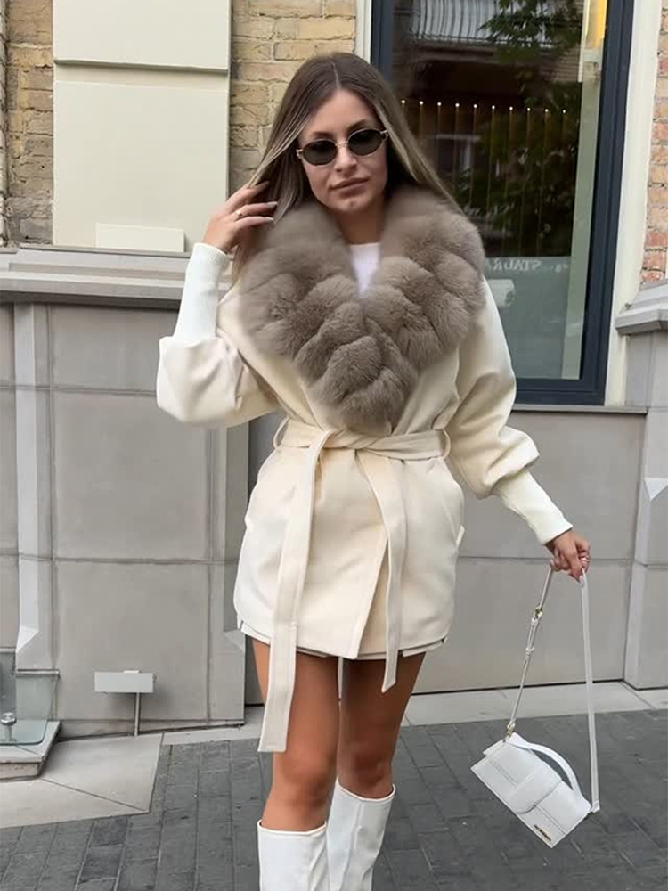 Abrigo de Lana con Piel Sintética para Mujer de Poliéster e Imitación de Piel con Atadura para Invierno image 3