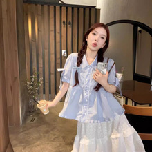 蓝色显白娃娃领短袖衬衫女夏季2024新款韩系甜美减龄宽松百搭上衣