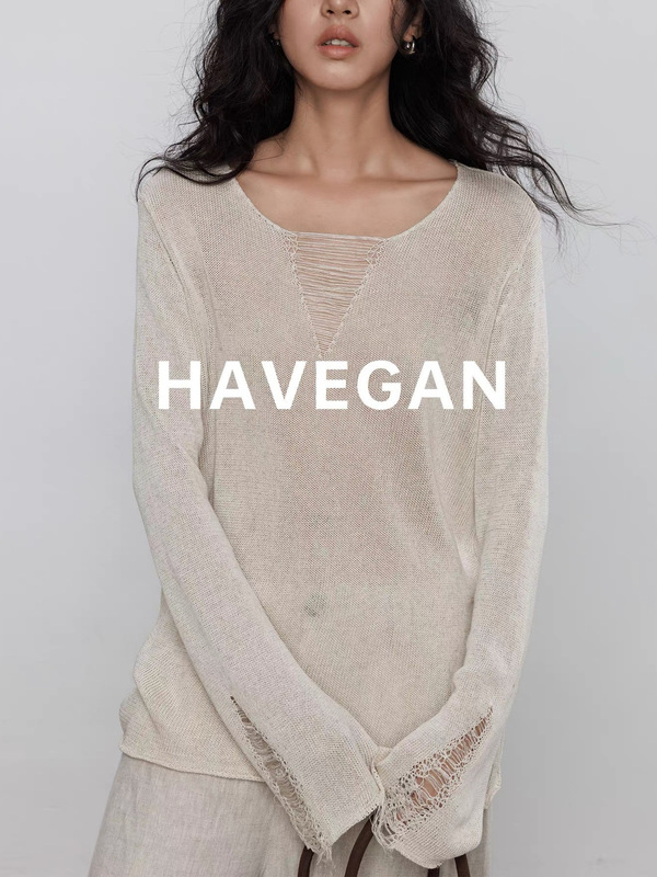 与间HAVEGAN/秋季v领天丝亚麻长袖设计感针织衫女宽松老钱风衣|undefined