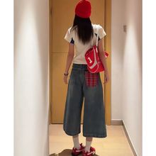 春夏宽松直筒新款后口袋红色格子拼接七分裤过膝牛仔裤男女阔腿裤