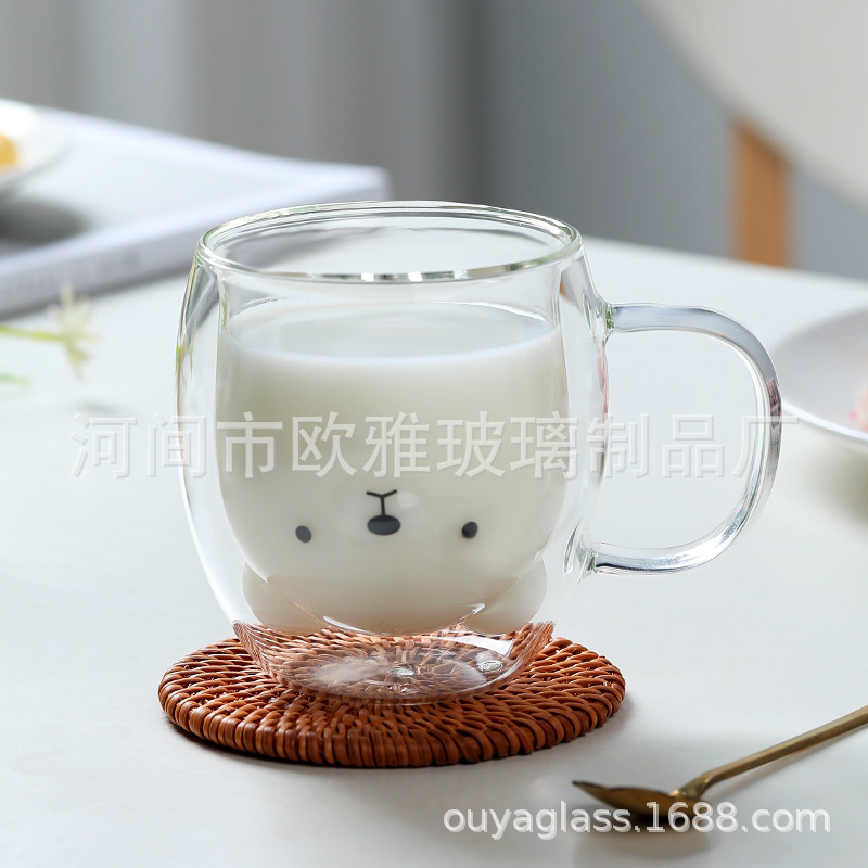 Vidrio de dibujos animados marca leche jugo oso doble capa taza de café borosilicato colorido lindo hogar taza de té