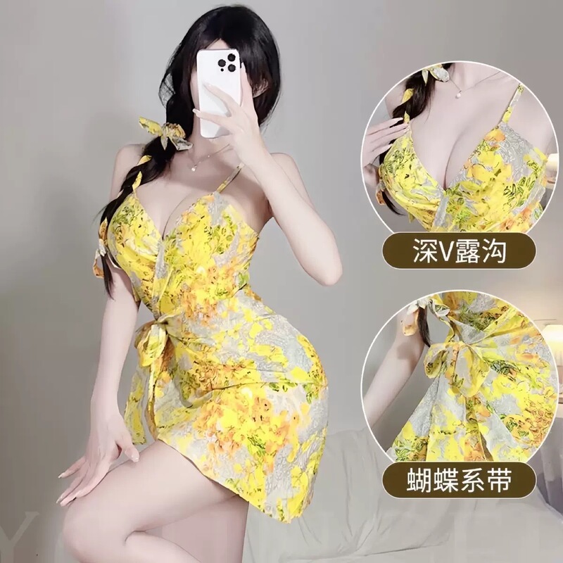 Popular Internet Celebrity Large Size Yellow Robe Sexy Lingerie Young Woman Suspender Passionate Temptation Midnight Charm Suit
