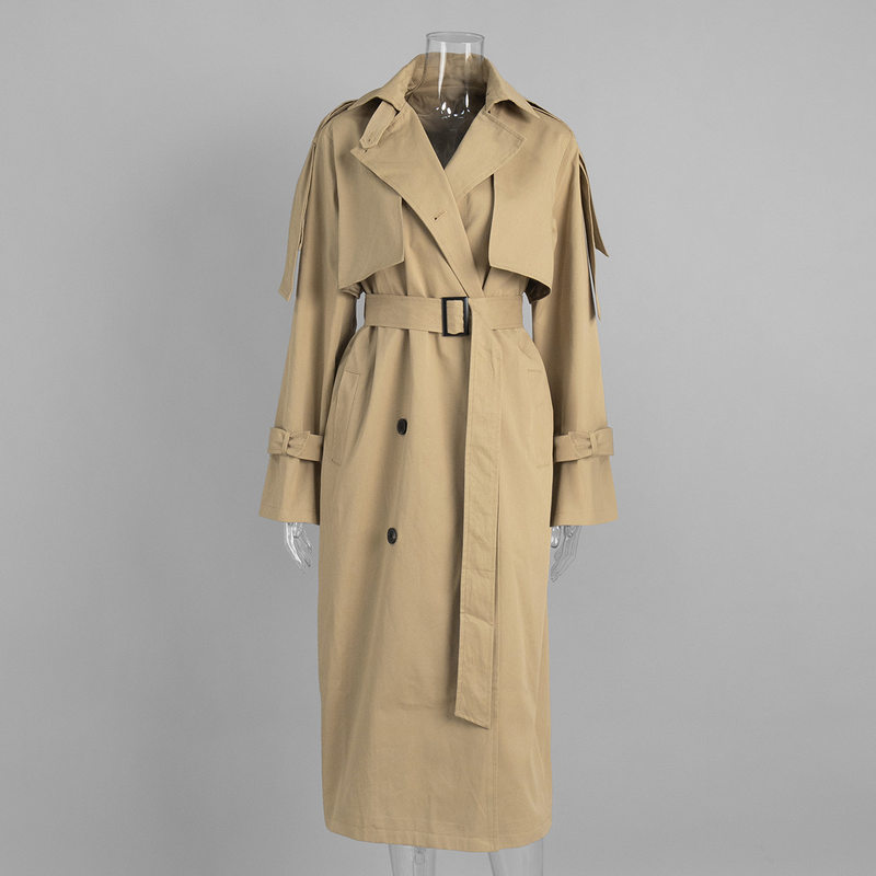 Áo khoác trench coat nữ dáng dài phong cách Âu Mỹ, chất liệu cotton, form rộng có dây thắt eo — Màu kaki, màu xám
