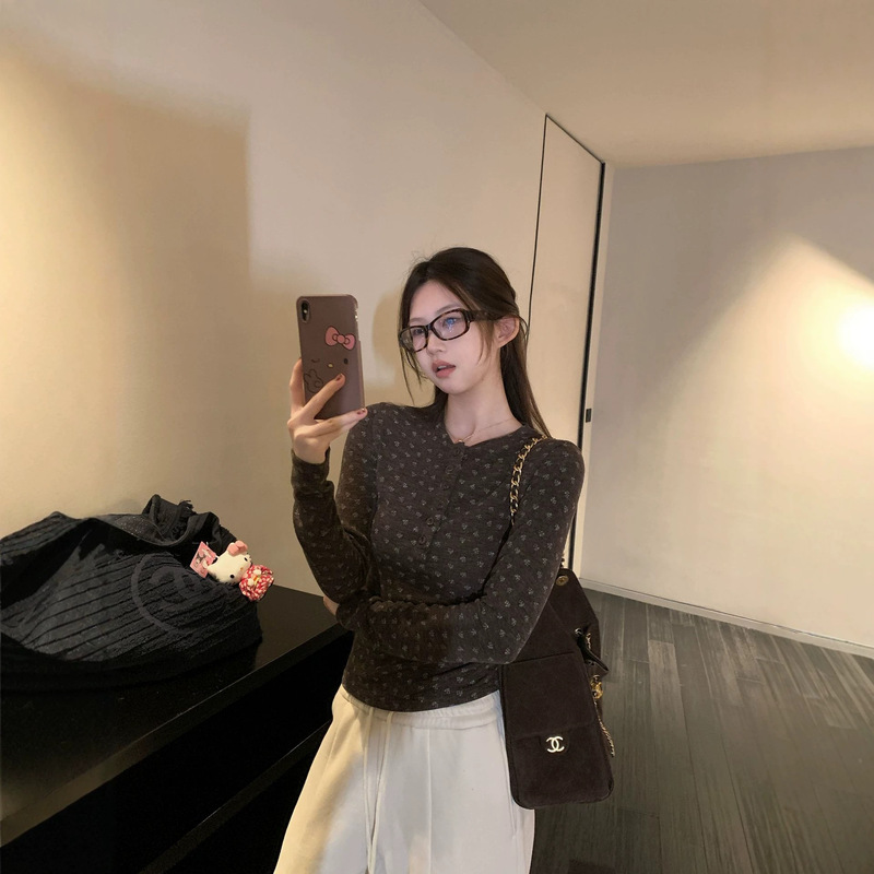 De Jong Spicy Girl Brown Floral Print Half-Open Collar Long Sleeve T-Shirt for Women, Autumn and Winter Slim Fit Base Layer Top