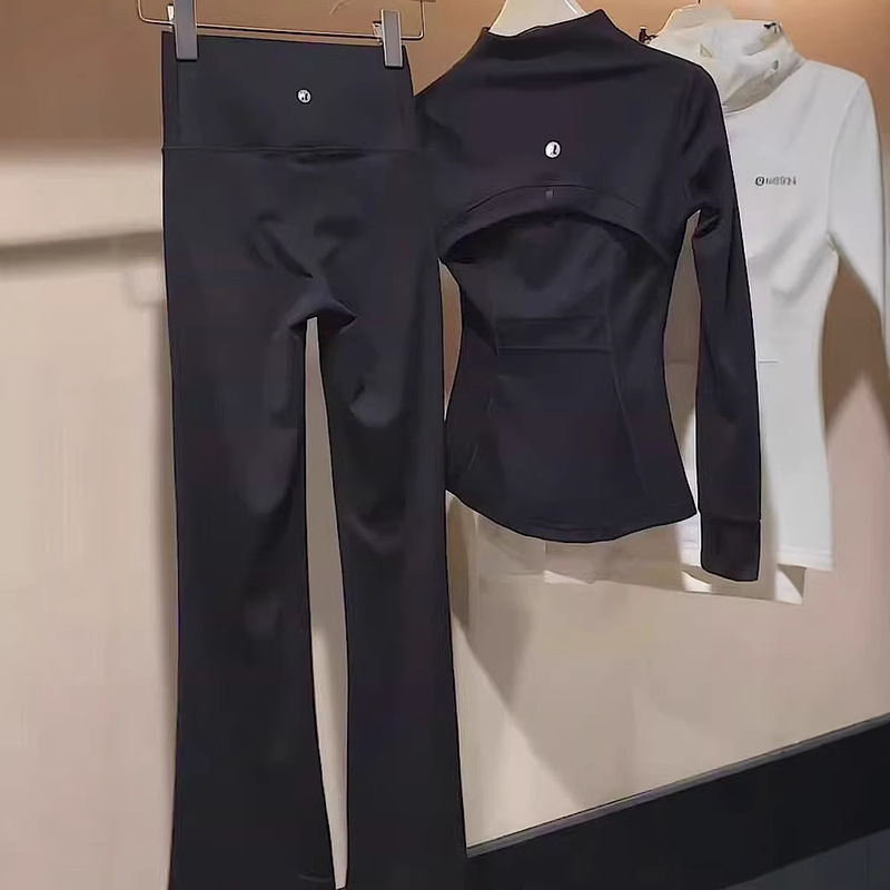 Trendy Influencer-Style Fashion Long Pants Sports Set New Black Long-Sleeve Slim-Fit Top Two-Piece Women's Outfit