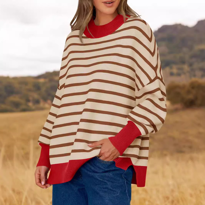 2024 autumn and winter new cross-border European and American color contrast round neck striped long sleeve pullover sweater women's casual loose sweater