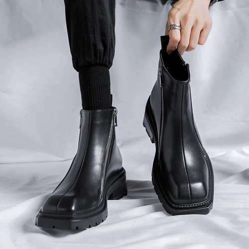 Chelsea boots square toe shoes British style black mid-top short boots double side zipper Martin boots trend 4512-R