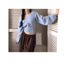 2025韩系上衣针织女衫领侧边系开扣收腰春季女套头毛衣慵懒风