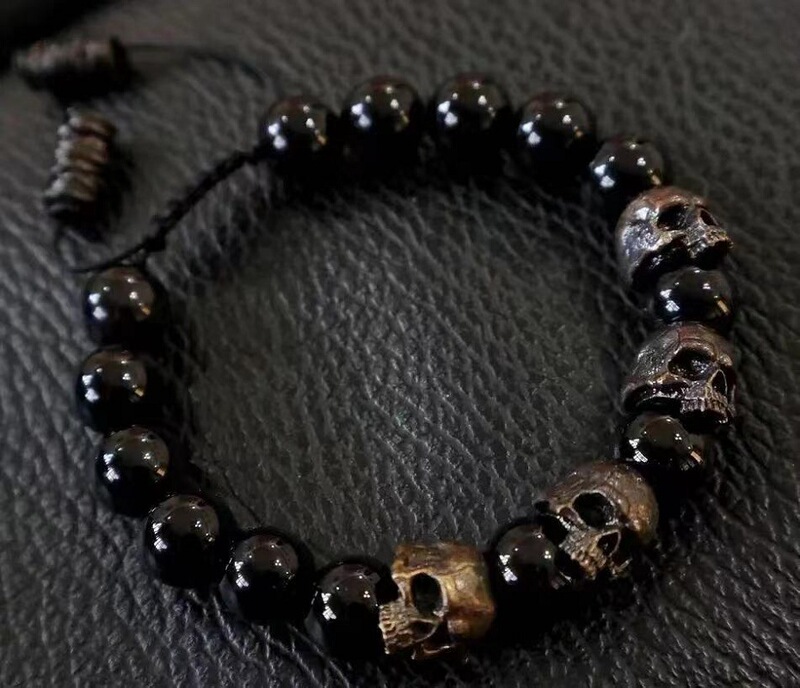 2022 cross-border hot men's anti-anxiety skull bracelet black agate decompression soothing healing rope