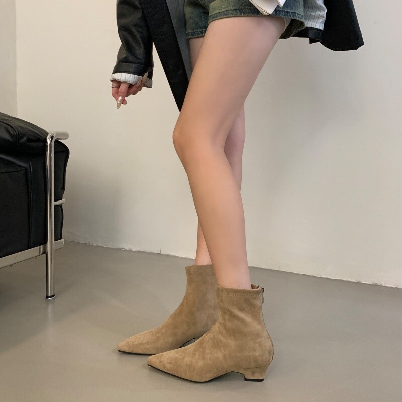 百搭小短靴女2025新款春秋冬季法式中跟粗跟尖头弹力绒面瘦瘦靴子|undefined
