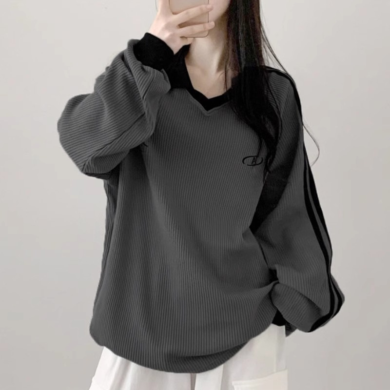 Trendy Brand College Style Contrast Color POLO Collar Bar Sweatshirt Women's 2024 Autumn and Winter Loose All-match Mid-length T-shirt Couple Trendy Brand College Style Contrast Color POLO Collar Bar Sweatshirt Women's 2024 Autumn and Winter Loose All-match Mid-length T-shirt Couple