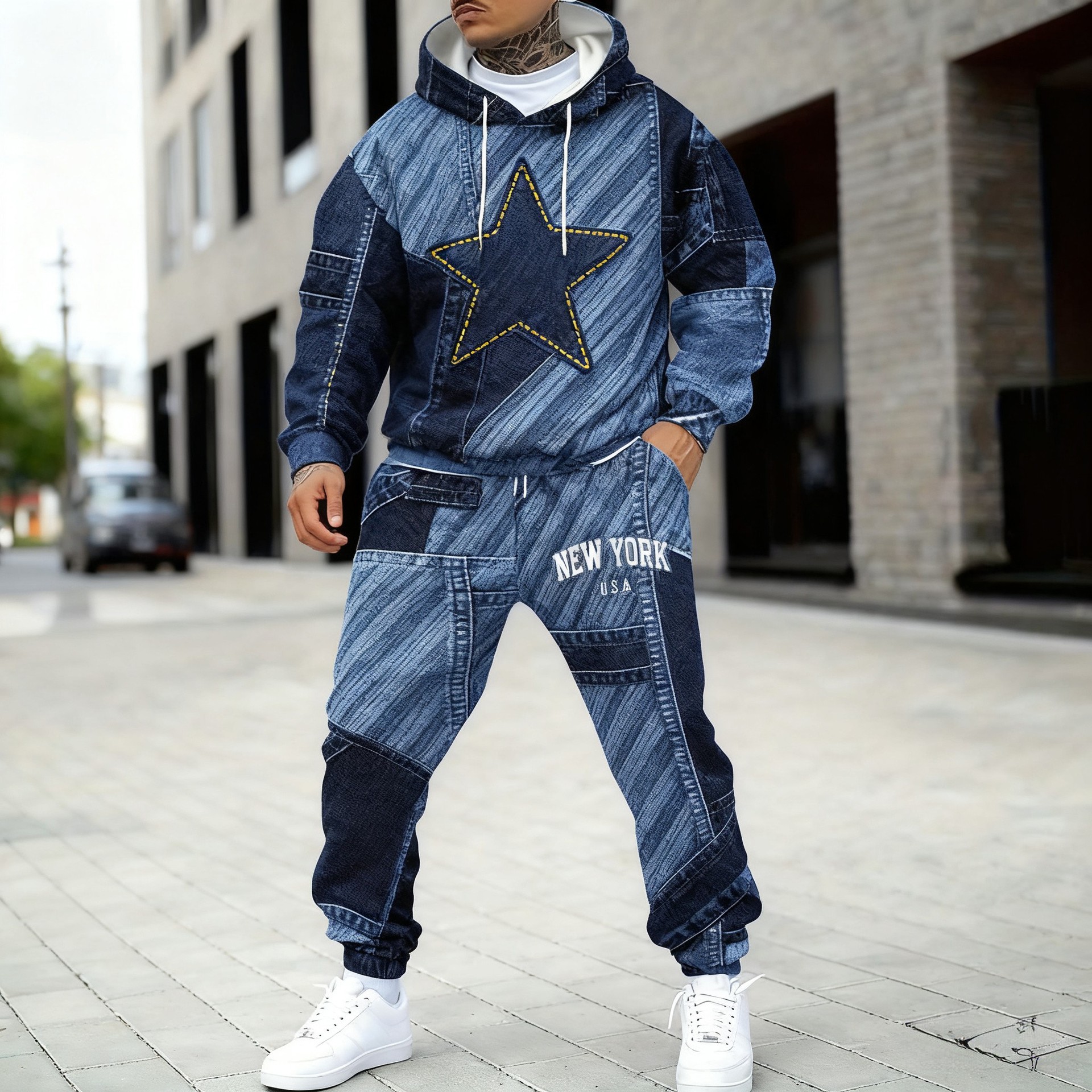 Ensemble sweat à capuche et jogging homme effet denim noir_voghion.com