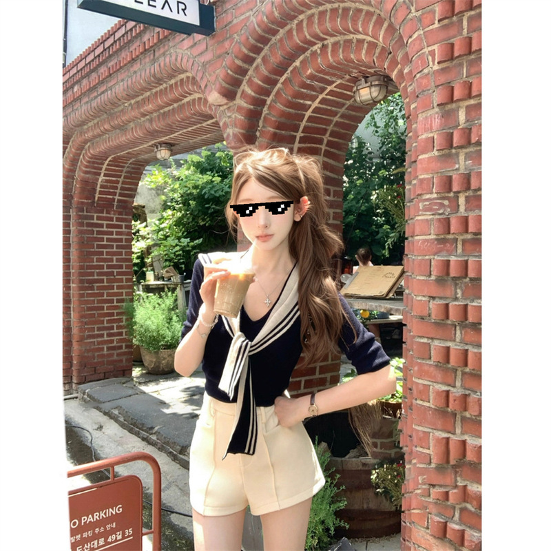 Chuanshan 25/Ss Tokyo Night Ferry Navy Collar Mercerized Wool Knitted Top Two Colors Furui White Shorts