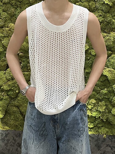 Lace-front open-back vest with sleeveless crewneck design, men's niche fashion, casual summer new knit short-sleeve top