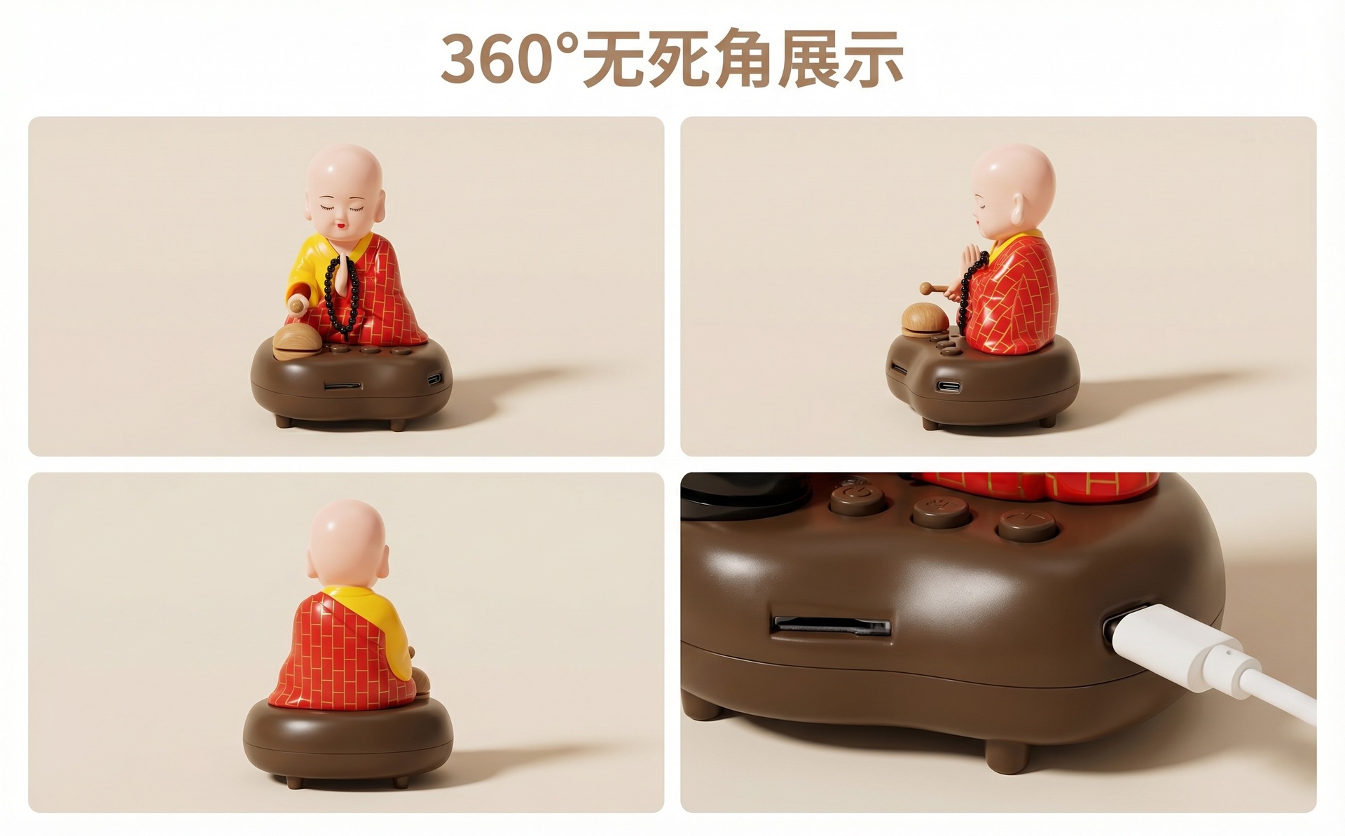 Musical little monk nodding and tapping on a wooden fish, car dashboard ornament, interior home decoration figurine, premium accessory