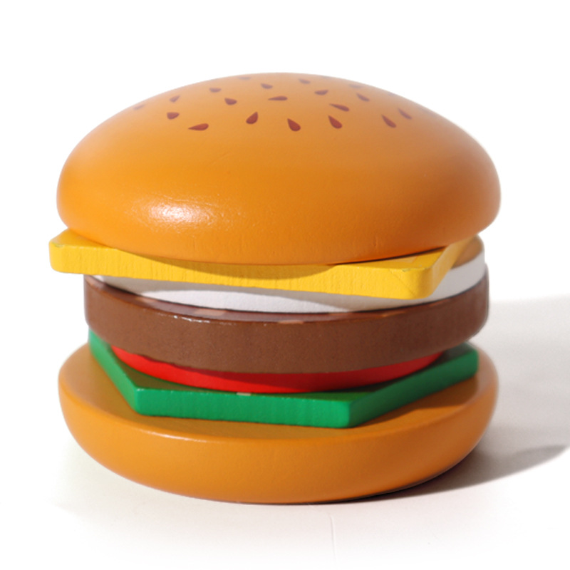 Simulación transfronteriza para niños, casa de juegos de madera, hamburguesa, patatas fritas, sándwich, columna a juego, juguete educativo de ensamblaje de corte