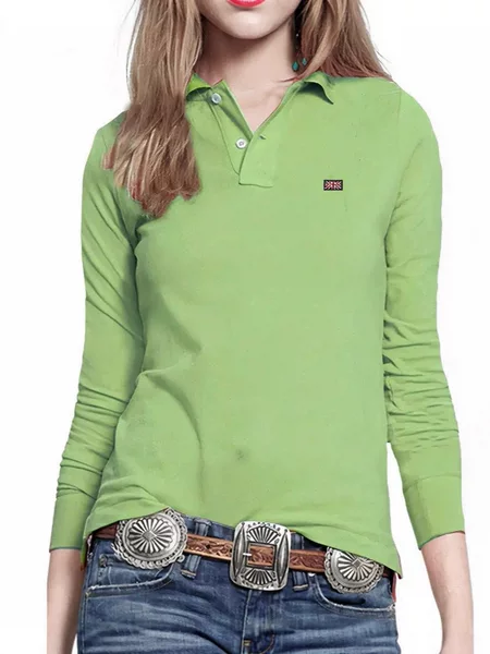 2025 Spring European and American New Style Slim Fit Lapel Solid Color Long-Sleeved Top Polo Shirt Women's Casual T-Shirt Fashion
