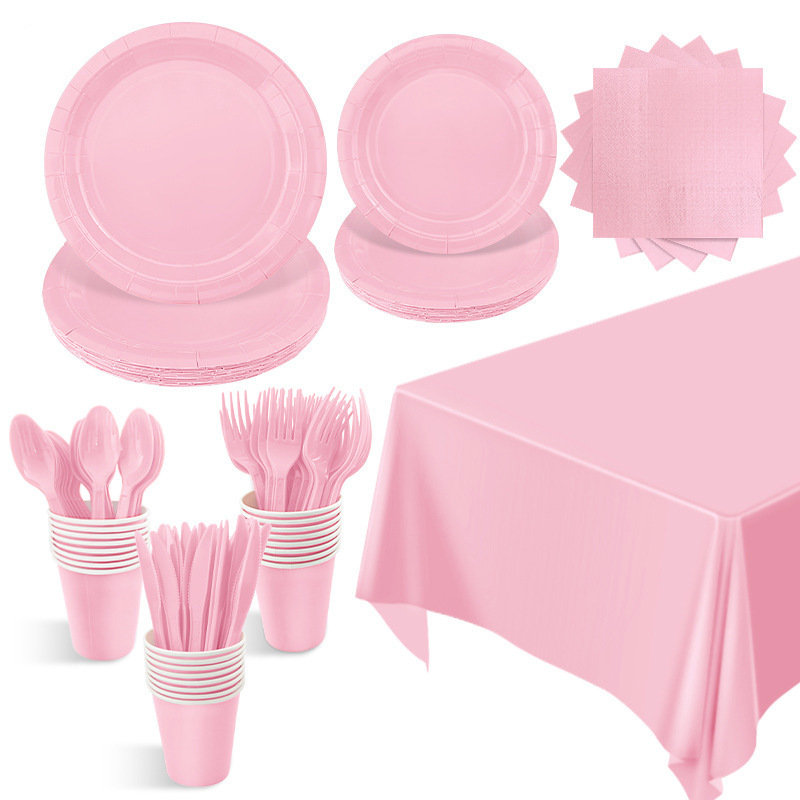 New in-stock Macaron Light Pink Party Arrangement Supplies Disposable Paper Tray Paper Cup Paper Towel Tableware Set