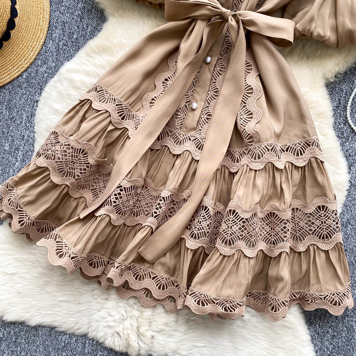 Women's Clothing Retro Palace Fashionable Lace Splicing Tie Waist Dress Lantern Sleeve Slim Temperament A Line Skirt_ecoleips.com