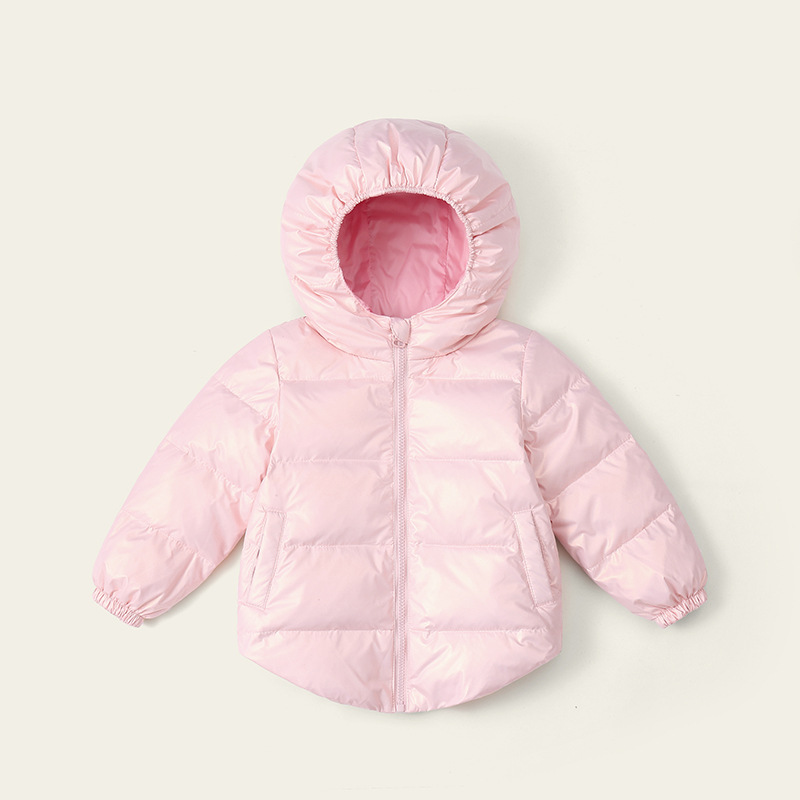 Invierno nuevo pequeño y mediano niños y niñas con capucha color sólido abajo chaqueta pato blanco abajo acolchado