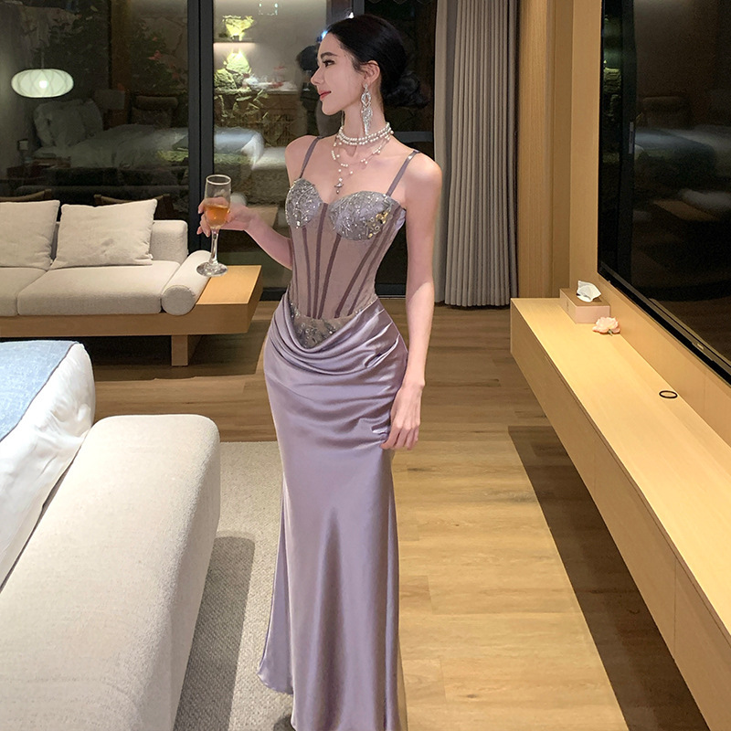 French-Style Socialite Dress with Intricate Fishbone Straps, Waist-Cinching, Elegant Bodycon Long Dress for Birthday Parties and Photo Shoots
