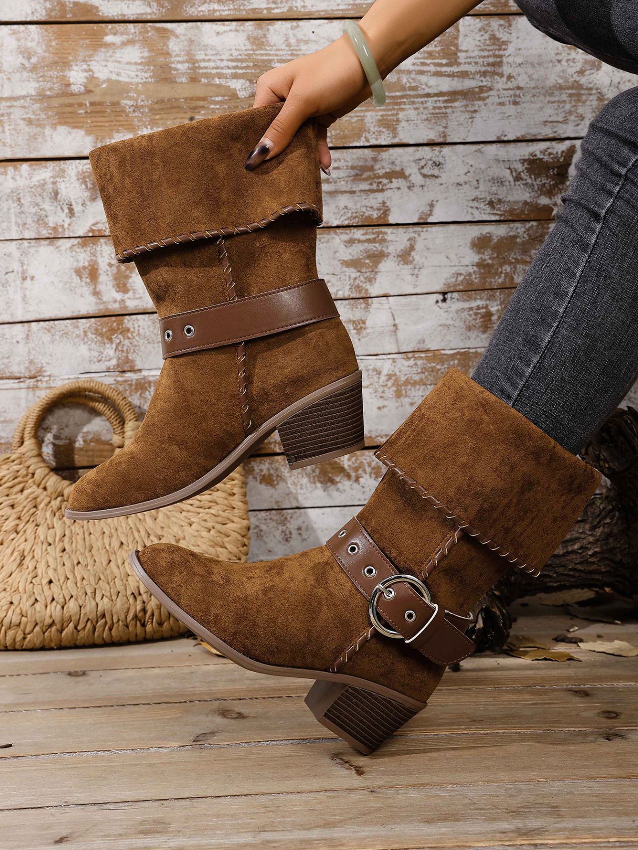 Women's Mid Calf Cowboy Boots For Women With Buckle And Chunky Heel_voghion.com