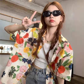 泰式海边度假风碎花短袖衬衫女春夏慵懒风中长款polo领衬衣薄外套