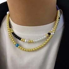 李晨同款紫金色珍珠项链 明星节目黑白色混搭配饰个性男女百搭潮