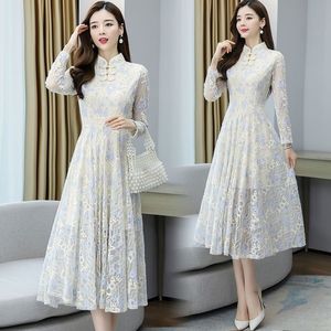 Cheongsam lace retro qipao Chinese dresses for women girls long sleeve dress lace  tang suit for woman
