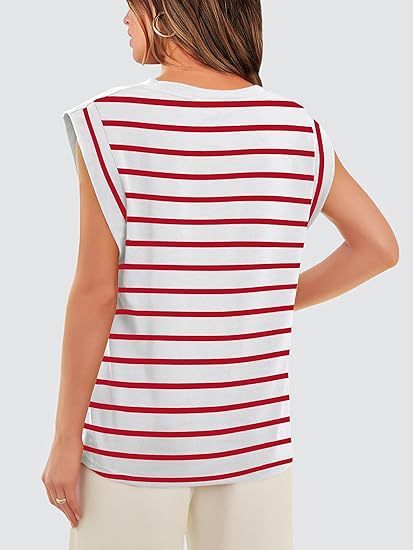 210g Weight Sleeveless Sleeve Length Pullovers Placket Type Raglan Sleeve Sleeve Type Cotton Fabric Type Long Top Length T-shirt Tops Type Holiday, Daily Occasion Round Neck Neckline Loose Fit Type Stripe, Solid Color Pattern Summer, Spring Season Women's Gender Casual Style Wholesale Women's Casual Stripe Solid Color Sleeveless T-Shirts 41
