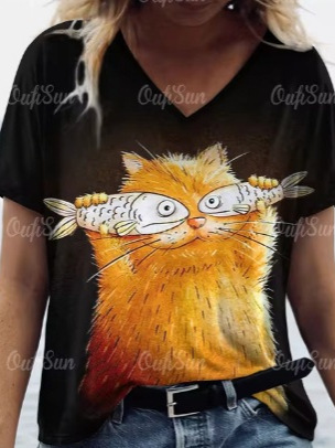 Amazon 2025 Bestselling Women's European and American Clothing V-Neck T-Shirt with Small Animal Print, Casual and Fashionable V-Neck Short-Sleeve
