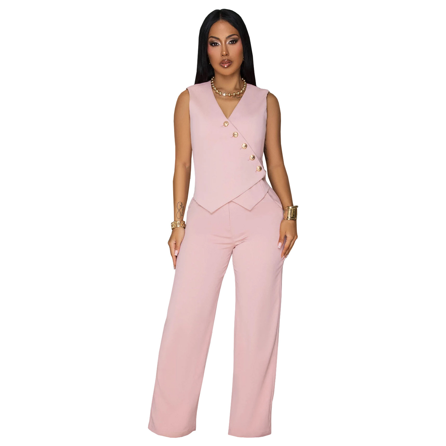 C7496 Aliexpress transfronterizo Amazon Europa y América moda de mujer casual sin mangas v-collar chaqueta pantalones largos de dos piezas nuevo