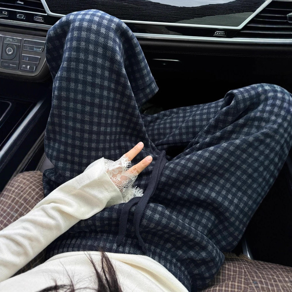 Blue Wool Plaid Casual Pants for Women, Autumn and Winter Fleece-Lined, Thickened, Loose Straight-Leg Pants, Slimming, Outerwear, Warm Wide-Leg Pants