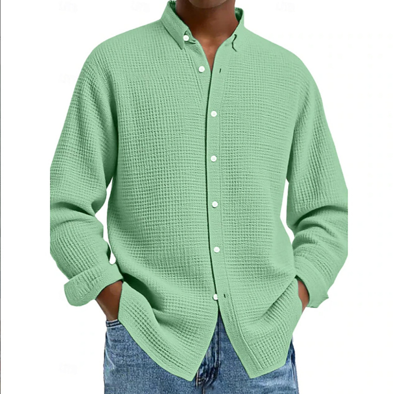 Amazon European and American Cross-Border Men's Clothing Autumn and Winter New Men's Solid Color Waffle Fashion Casual Long-Sleeved Shirt Cardigan Amazon European and American Cross-Border Men's Clothing Autumn and Winter New Men's Solid Color Waffle Fashion Casual Long-Sleeved Shirt Cardigan
