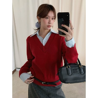 【歌铭】设计感假两件衬衫领拼接毛衣女2025冬季新款针织衫J0035D